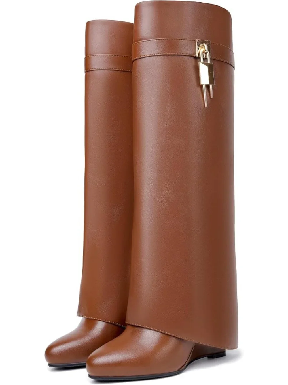 Women's Brown Pointy Pull-on Side Zipper Padlock Fold Over Knee High Boots